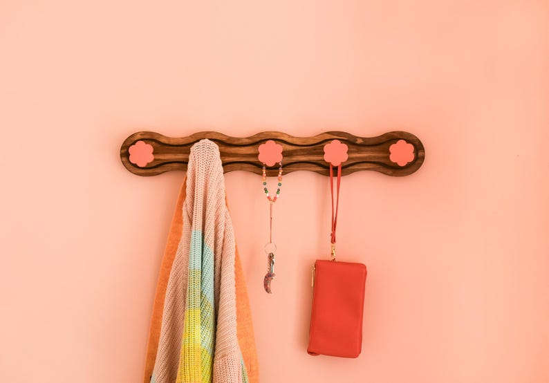 Wavy Wood Coat Rack: Floral Hooks, Maximalist Decor