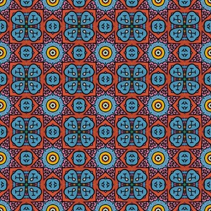 May include: A repeating pattern with a symmetrical design in blue, orange, yellow, and pink. The pattern incorporates stylized floral and geometric shapes, creating a vibrant and intricate visual texture. Suitable for fabric or wallpaper.