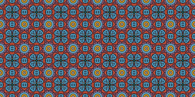 May include: A repeating pattern with a symmetrical design in blue, orange, yellow, and pink. The pattern incorporates stylized floral and geometric shapes, creating a vibrant and intricate visual texture. Suitable for fabric or wallpaper.