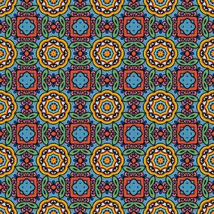May include: A repeating pattern of colorful geometric shapes in shades of blue, green, yellow, orange, red, and white. The pattern is symmetrical and creates a sense of movement.