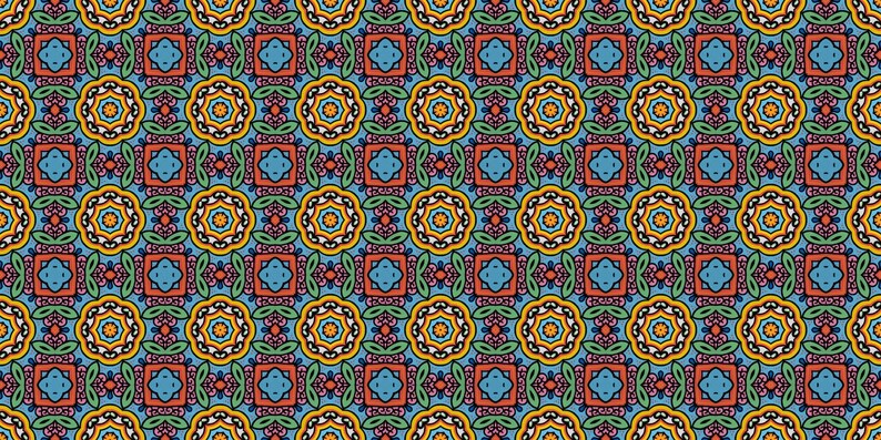 May include: A repeating pattern of colorful geometric shapes in shades of blue, green, yellow, orange, red, and white. The pattern is symmetrical and creates a sense of movement.