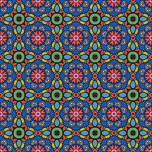 K&ouml;nnte beinhalten: Ein nahtloses Muster mit einem sich wiederholenden Design aus bunten Kreisen und Ovalen. Das Muster besteht aus Blaut&ouml;nen, Gr&uuml;n, Rot, Gelb und Wei&szlig;.