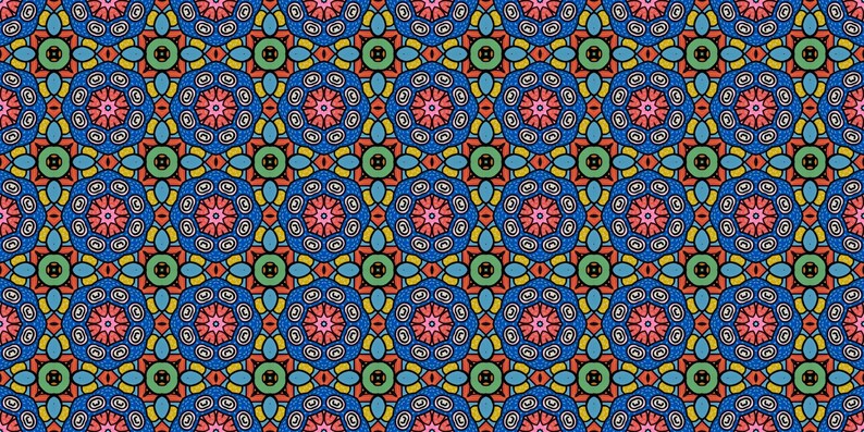 K&ouml;nnte beinhalten: Ein nahtloses Muster mit einem sich wiederholenden Design aus bunten Kreisen und Ovalen. Das Muster besteht aus Blaut&ouml;nen, Gr&uuml;n, Rot, Gelb und Wei&szlig;.