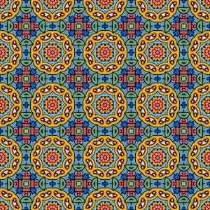 May include: A repeating pattern with a symmetrical design incorporating floral and geometric shapes. The pattern uses a vibrant colour palette of yellow, orange, blue, and green, creating a visually engaging and decorative effect. Suitable for textiles or wallpaper.