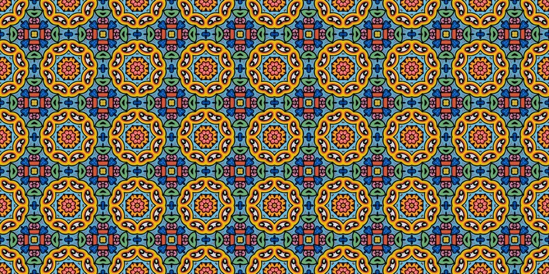 May include: A repeating pattern with a symmetrical design incorporating floral and geometric shapes. The pattern uses a vibrant colour palette of yellow, orange, blue, and green, creating a visually engaging and decorative effect. Suitable for textiles or wallpaper.