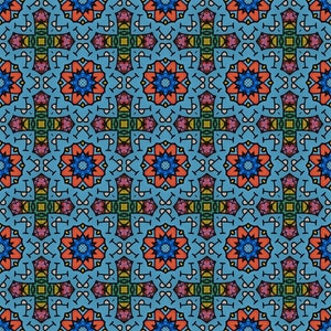 May include: A repeating pattern with symmetrical floral and geometric shapes. The design uses blue, orange, pink, and green on a light blue background. The pattern is suitable for fabric or wallpaper, and could be used for various decorative purposes.