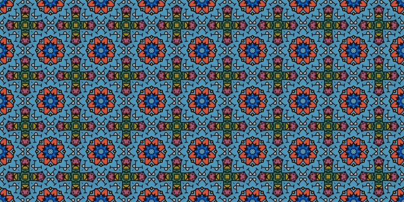 May include: A repeating pattern with symmetrical floral and geometric shapes. The design uses blue, orange, pink, and green on a light blue background. The pattern is suitable for fabric or wallpaper, and could be used for various decorative purposes.