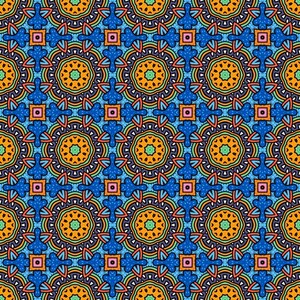 K&ouml;nnte beinhalten: Ein nahtloses Muster mit einem sich wiederholenden geometrischen Design. Das Muster zeigt eine Vielzahl von Farben, darunter Blau, Orange, Gelb, Gr&uuml;n und Rot. Das Design ist kompliziert und detailliert, mit einer Vielzahl von Formen und Linien.