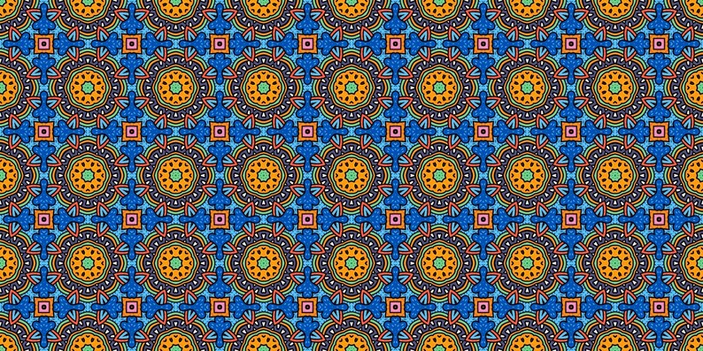 K&ouml;nnte beinhalten: Ein nahtloses Muster mit einem sich wiederholenden geometrischen Design. Das Muster zeigt eine Vielzahl von Farben, darunter Blau, Orange, Gelb, Gr&uuml;n und Rot. Das Design ist kompliziert und detailliert, mit einer Vielzahl von Formen und Linien.
