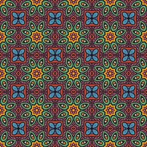 May include: A repeating pattern with a symmetrical design incorporating floral and geometric elements. The pattern features squares, star-like shapes, and leaf-like forms in red, blue, green, yellow, and orange. The design is intricate and detailed.