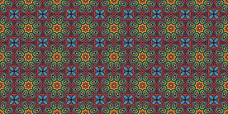 May include: A repeating pattern with a symmetrical design incorporating floral and geometric elements. The pattern features squares, star-like shapes, and leaf-like forms in red, blue, green, yellow, and orange. The design is intricate and detailed.