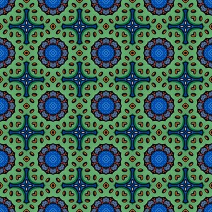 K&ouml;nnte beinhalten: Ein sich wiederholendes Muster aus blauen, gr&uuml;nen, roten und orangefarbenen Kreisen und Formen. Der Hintergrund ist hellgr&uuml;n.
