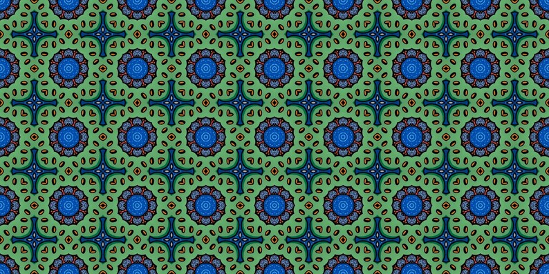 K&ouml;nnte beinhalten: Ein sich wiederholendes Muster aus blauen, gr&uuml;nen, roten und orangefarbenen Kreisen und Formen. Der Hintergrund ist hellgr&uuml;n.