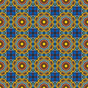 May include: A repeating pattern with a symmetrical design. The pattern features circular and floral elements in a palette of blue, yellow, orange, and pink. Suitable for fabric, wallpaper, or digital art.