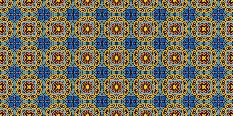 May include: A repeating pattern with a symmetrical design. The pattern features circular and floral elements in a palette of blue, yellow, orange, and pink. Suitable for fabric, wallpaper, or digital art.