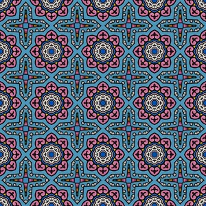 May include: A seamless pattern with intricate geometric designs in shades of blue, pink, white, black, and yellow. The pattern features repeating motifs of stylized flowers and stars.