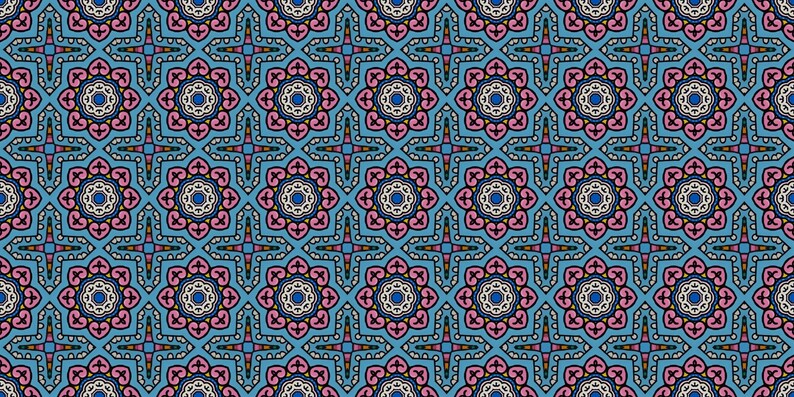 May include: A seamless pattern with intricate geometric designs in shades of blue, pink, white, black, and yellow. The pattern features repeating motifs of stylized flowers and stars.