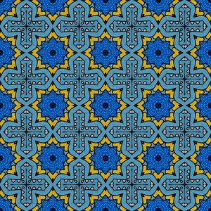 May include: A seamless pattern with a repeating geometric design. The pattern features blue, yellow, and black shapes arranged in a symmetrical pattern.