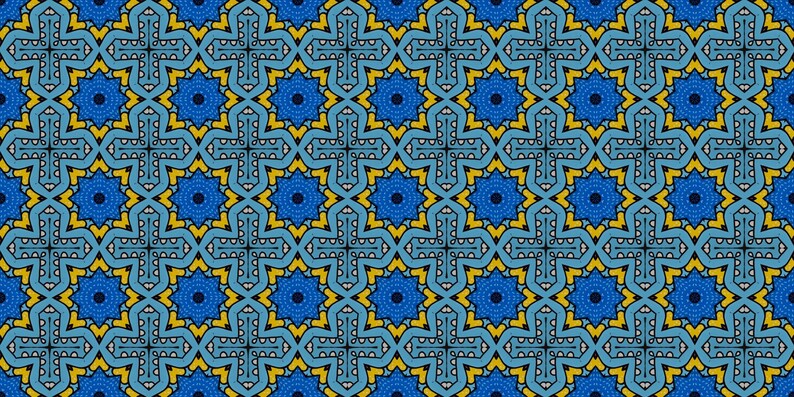 May include: A seamless pattern with a repeating geometric design. The pattern features blue, yellow, and black shapes arranged in a symmetrical pattern.