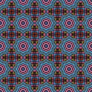 May include: A repeating pattern of geometric shapes in shades of blue, pink, yellow, brown, and black. The pattern is symmetrical and creates a sense of depth and texture.