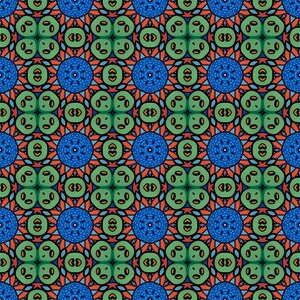K&ouml;nnte beinhalten: Ein sich wiederholendes Muster aus blauen, gr&uuml;nen, orangefarbenen und schwarzen Kreisen und Quadraten. Das Muster ist symmetrisch und erzeugt ein geometrisches Design.