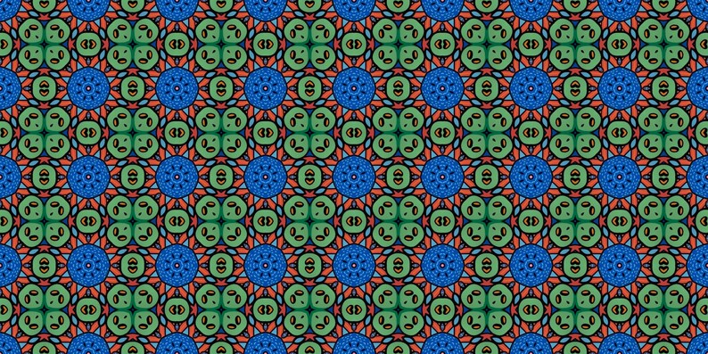 K&ouml;nnte beinhalten: Ein sich wiederholendes Muster aus blauen, gr&uuml;nen, orangefarbenen und schwarzen Kreisen und Quadraten. Das Muster ist symmetrisch und erzeugt ein geometrisches Design.