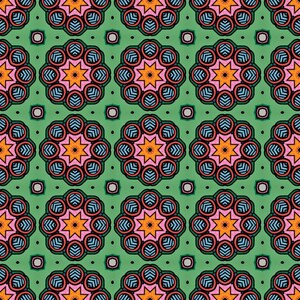 K&ouml;nnte beinhalten: Ein sich wiederholendes Muster aus bunten geometrischen Formen. Das Muster zeigt eine zentrale Sternform, die von einem Ring kleinerer Kreise umgeben ist. Die Farben im Muster sind Gr&uuml;n, Orange, Pink, Blau und Schwarz.
