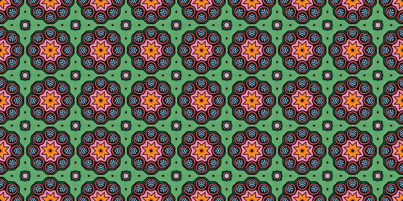 K&ouml;nnte beinhalten: Ein sich wiederholendes Muster aus bunten geometrischen Formen. Das Muster zeigt eine zentrale Sternform, die von einem Ring kleinerer Kreise umgeben ist. Die Farben im Muster sind Gr&uuml;n, Orange, Pink, Blau und Schwarz.