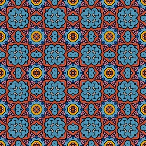 May include: A repeating pattern of colorful geometric shapes in shades of blue, red, orange, yellow, and pink. The pattern is symmetrical and creates a sense of movement.