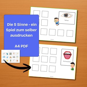 5 Sinne interaktives Spiel für Kleinkinder. Vorschule und Kindergarten Spiel in A4 zum herunterladen und selber ausdrucken.