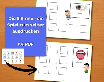 5 Sinne interaktives Spiel für Kleinkinder. Vorschule und Kindergarten Spiel in A4 zum herunterladen und selber ausdrucken.