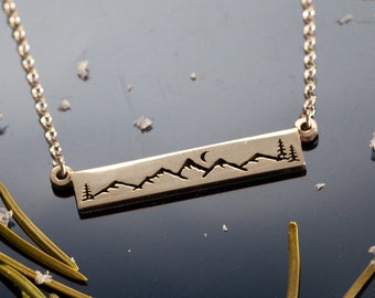 Mountain Bar Necklace - Mountain Scene Necklace in Sterling Silver - Mountain Jewelry