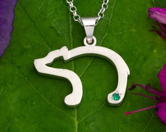 Bear Necklace - Bear Silhouette - Sterling Silver Bear with Green Crystal - Bear Pendant - Wild Life Jewelry - Nature Jewelry