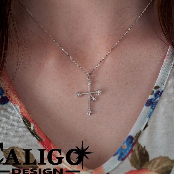 Southern Cross Diamond Star Necklace - 14K White Gold .08ctw Diamonds - Star Jewelry - Constellation of Crux Jewelry - Southern Night Sky