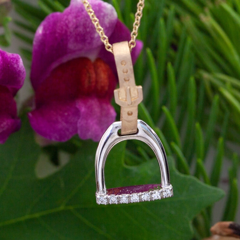 Horse Stirrup Necklace English Stirrup and Leathers 14K TT Gold Stirrup