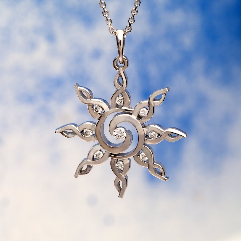Sun Necklace Spiral Sun 14K Gold Sun Pendant With Diamonds Sun Jewelry