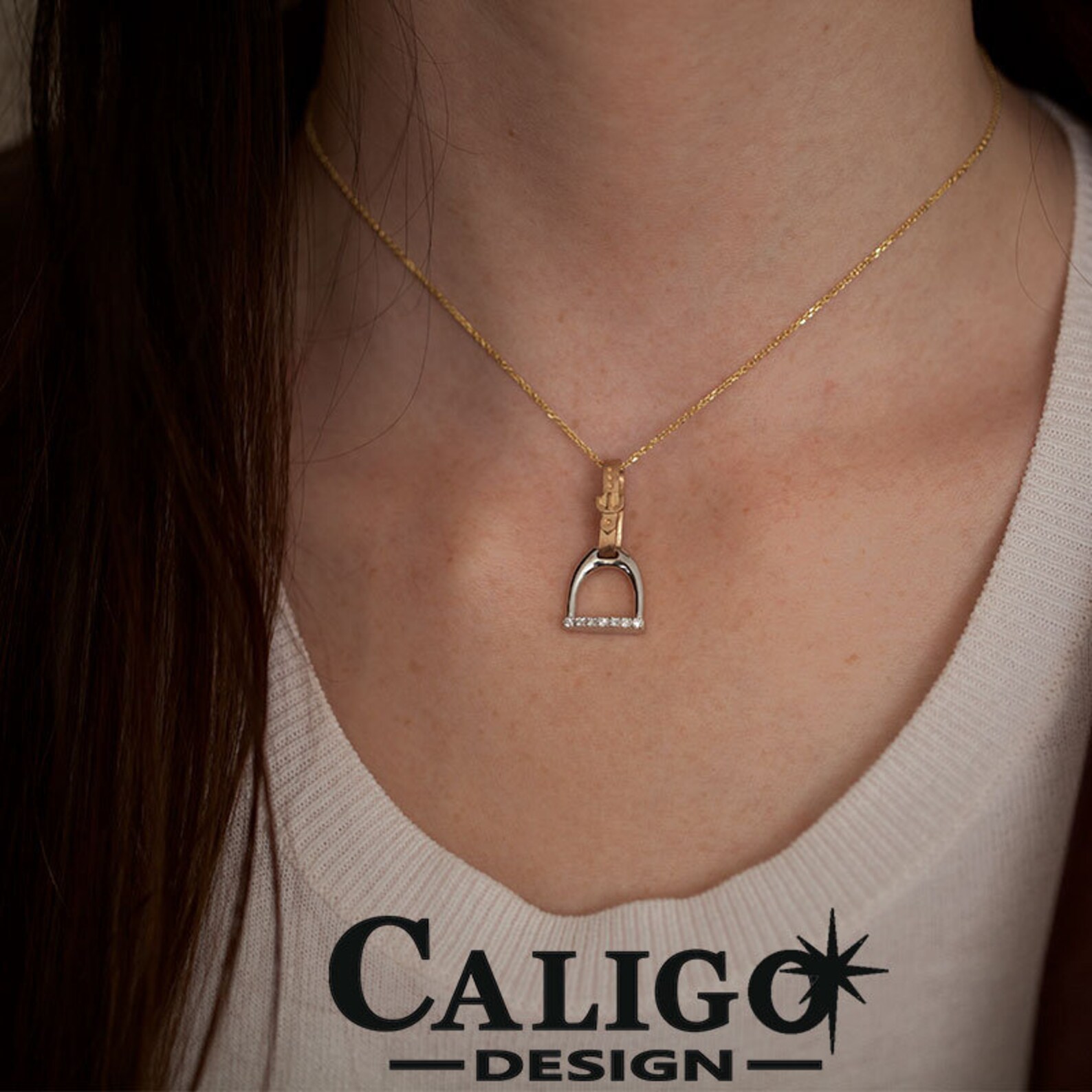 Horse Stirrup Necklace English Stirrup and Leathers 14K TT Gold Stirrup