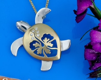Turtle Necklace - Hibiscus Diamond Turtle - 14K TT Gold and Diamonds - Turtle Jewelry - Sea Life Jewelry - Ocean Jewelry - Hibiscus Jewelry