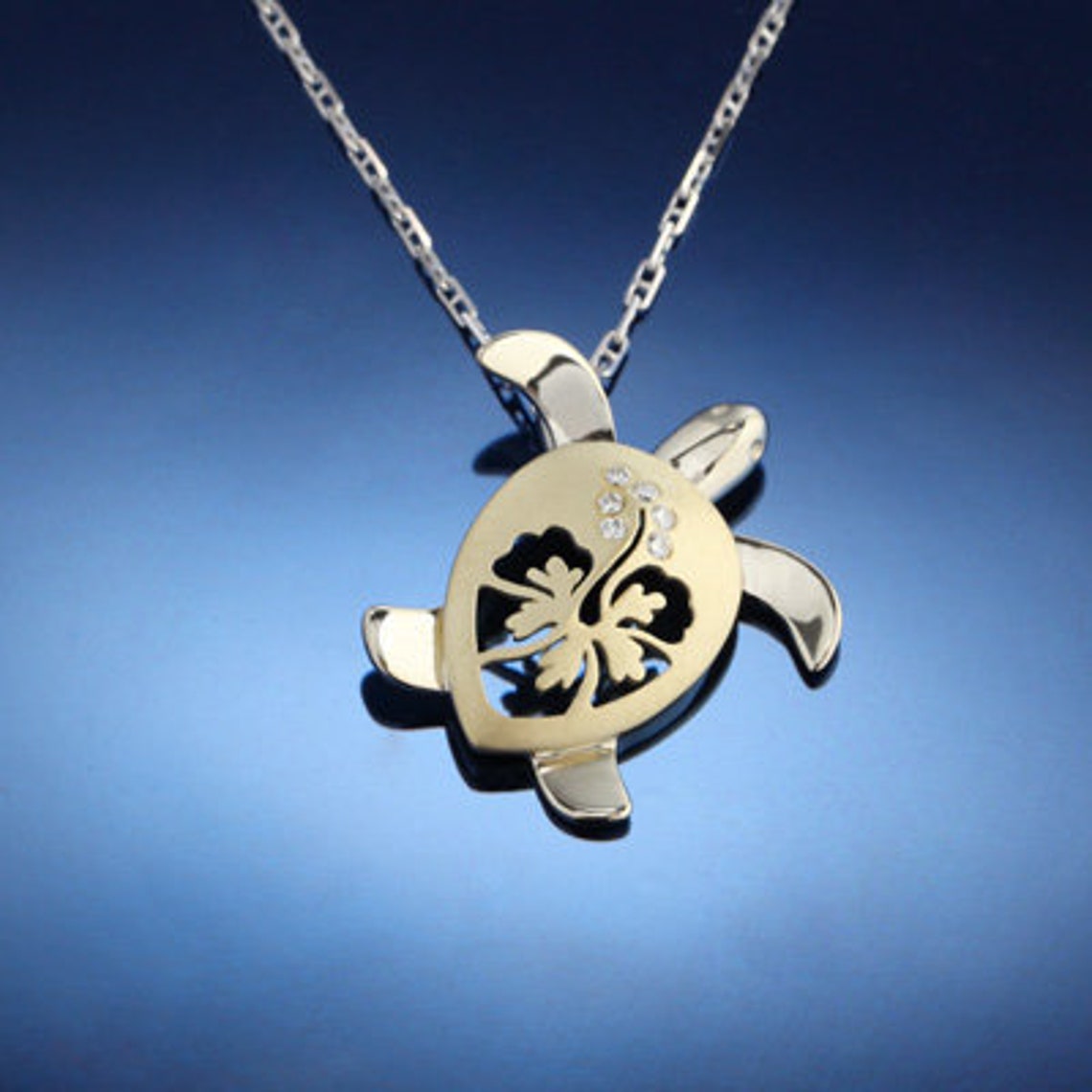 Turtle Necklace Hibiscus Diamond Turtle 14K TT Gold and Diamonds Turtle