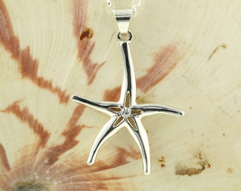 Starfish Necklace - Sterling Silver with Crystal - Starfish Jewelry - Sea Life Jewelry - Beach Jewelry - Ocean Jewelry - Starfish Pendant