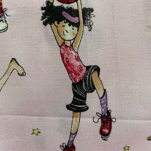 May include: A girl with brown hair and a pink headband is playing basketball. She is wearing a red and white shirt, black and white shorts, and red shoes. The background is pink with yellow stars.