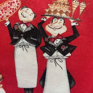 May include: Two cartoon waiters in black tuxedo jackets and white aprons, one holding a pizza and the other holding a tiered cake with ice cream cones.