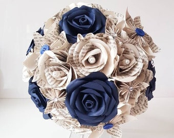 Navy blue and book bouquet, Bridal bouquet, Wedding flowers, Book page paper flower bouquet, Paper flower bouquet // (The Jasmine)