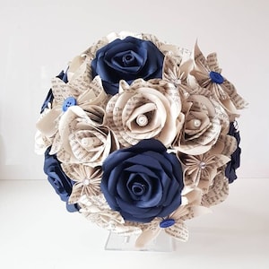 Navy blue and book bouquet, Bridal bouquet, Wedding flowers, Book page paper flower bouquet, Paper flower bouquet // The Jasmine image 1