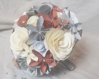 Paper flowers, Bridesmaid bouquet, mixed origami and roses flowers, Deluxe bridesmaid bouquet, Wedding keepsake flowers // (The Celeste)