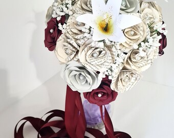 Teardrop book bridal bouquet with paper lilies, artificial gypsophila and trailing ribbons // (The Courtney)