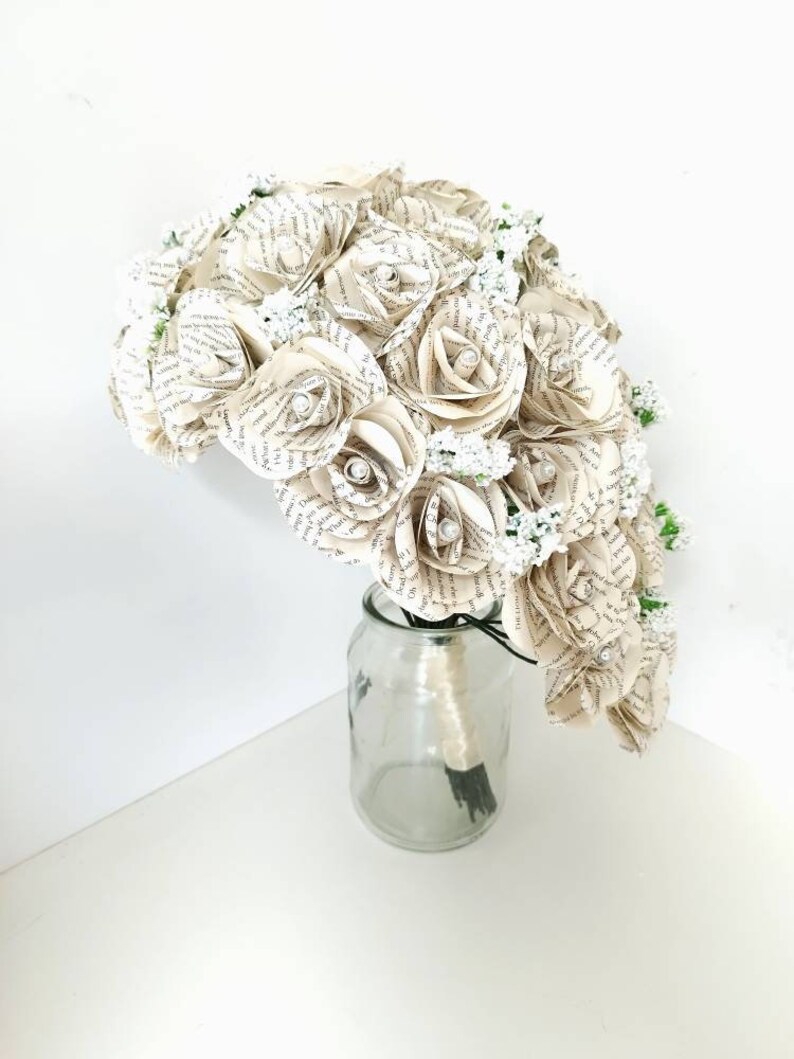 Teardrop Wedding Bouquet // cascading bridal flowers, paper flowers, rustic wedding, paper flowers, book bouquet // The Adele image 2