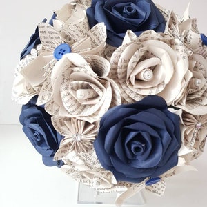 Navy blue and book bouquet, Bridal bouquet, Wedding flowers, Book page paper flower bouquet, Paper flower bouquet // The Jasmine image 4