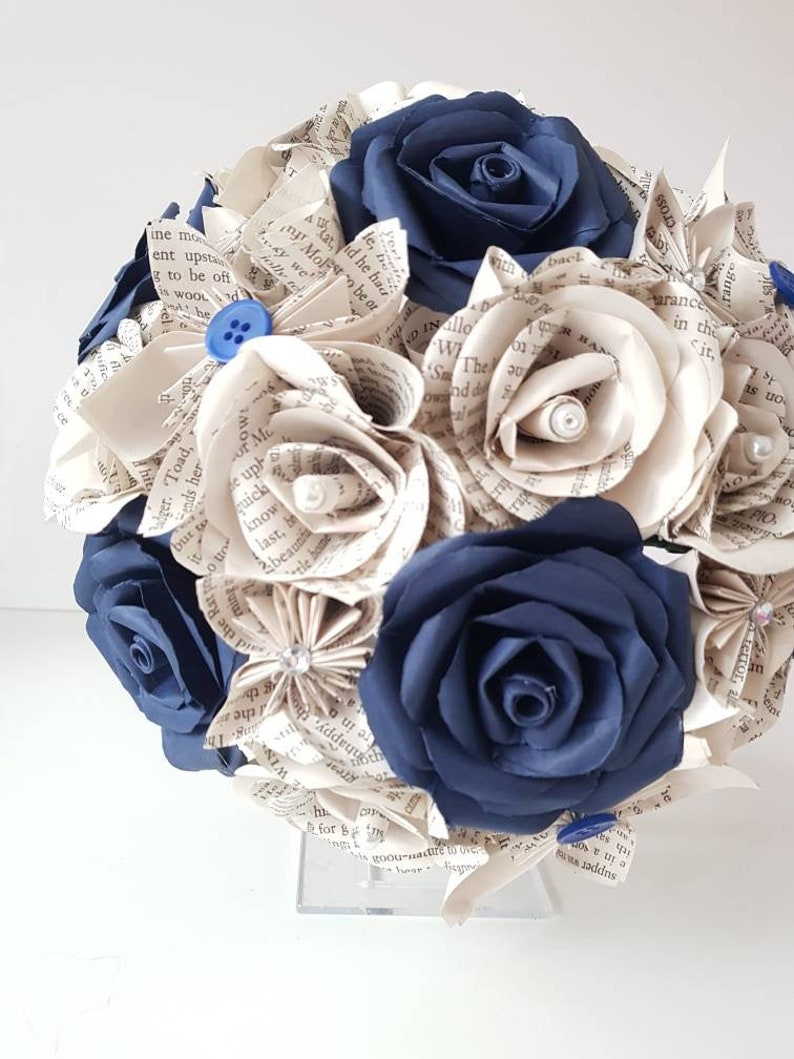 Navy blue and book bouquet, Bridal bouquet, Wedding flowers, Book page paper flower bouquet, Paper flower bouquet // The Jasmine image 4