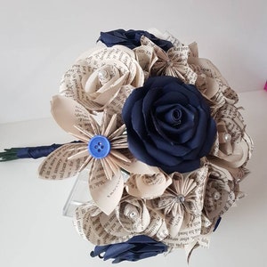 Navy blue and book bouquet, Bridal bouquet, Wedding flowers, Book page paper flower bouquet, Paper flower bouquet // The Jasmine image 2